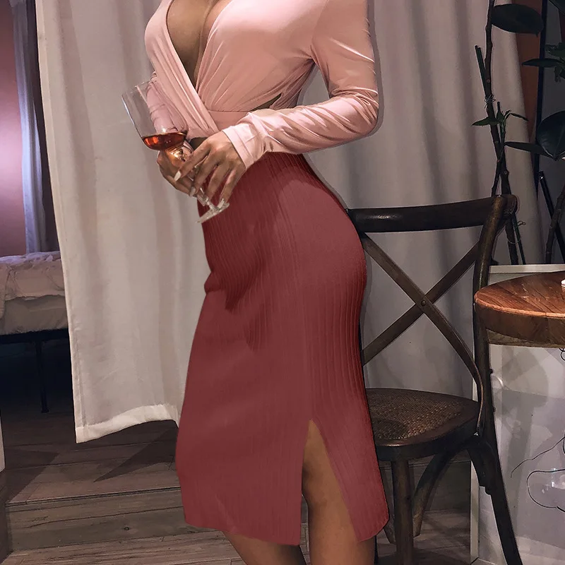 Модная Осенняя трикотажная облегающая юбка с Боковым Разрезом Женская средней