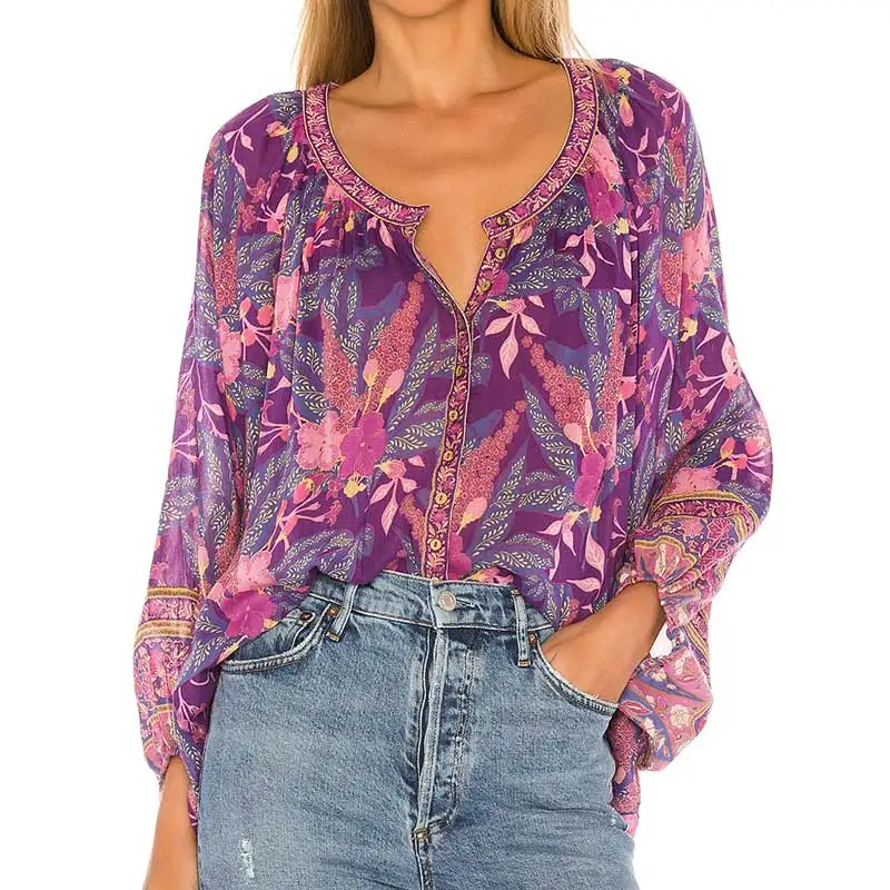 Богемный Вдохновленный фиолетовый цветочный принт блузка женская с длинным