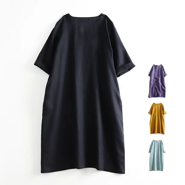 Однотонное льняное платье свободного кроя и облегающее из хлопка льна с 5