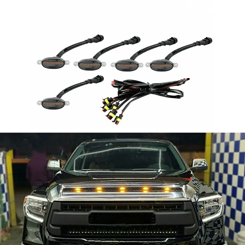

5pcs Smoke Front Grille LED Amber Light Raptor Style Cover Front Grille Upgrade LED Lamps 4 Pcs White Light Yellow Universal