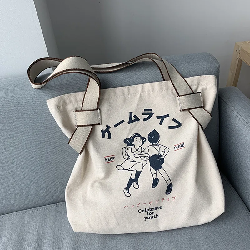 

Cartoon Printing Canvas Bag For Women 2021 New Luxury Handbags Retro Single Shoulder Underarm Bag Tote School Satchels For Girls