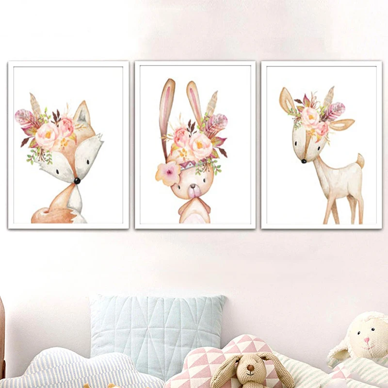 Baby Girl Gift Nursery Decoration Woodland Animals Posters Print Watercolor Flowers Animal Canvas Painting Wall Pictures | Дом и сад
