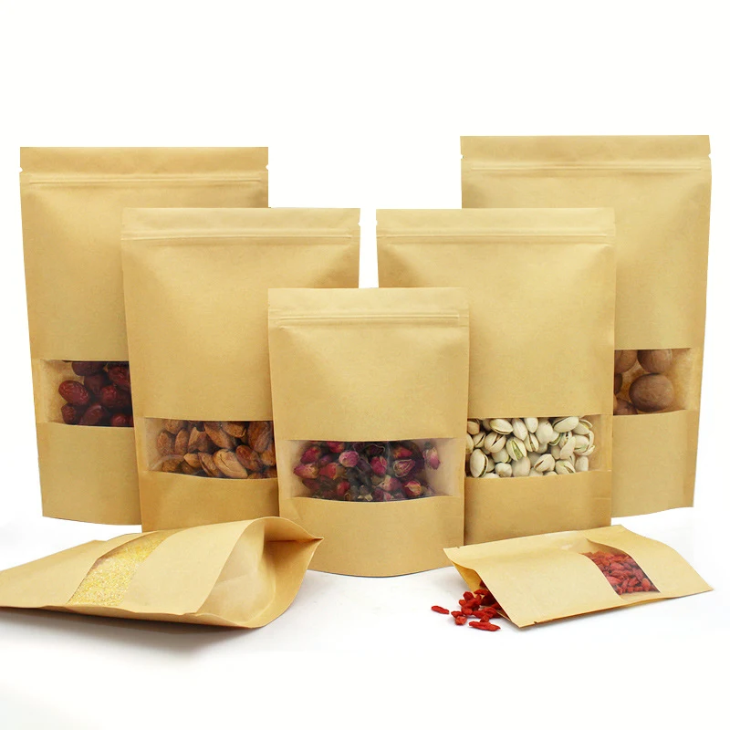 100 шт./лот стоячий пакет из крафт бумаги на молнии оконный для закусок и чая пакеты