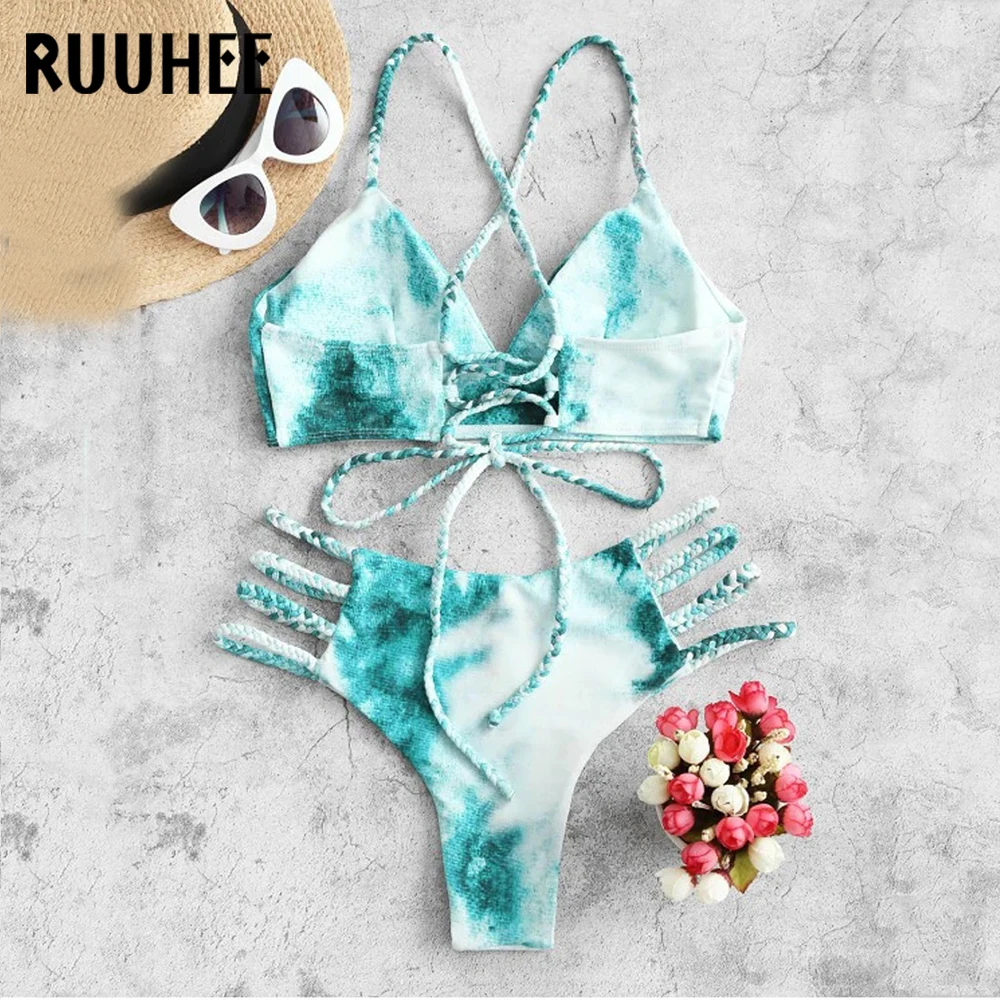 RUUHEE сексуальный комплект бикини с галстуком-краской женский купальник пуш-ап на
