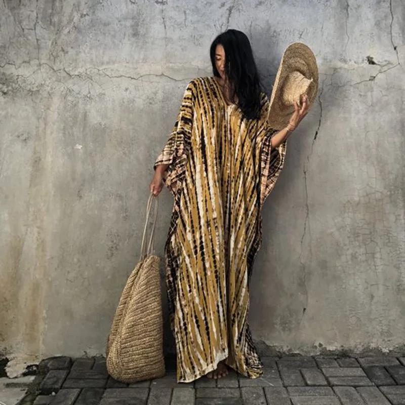 Женское платье макси в богемном стиле Пляжная накидка Кафтан полоску свободное