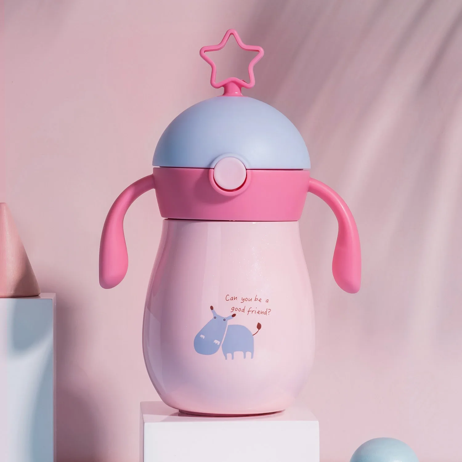 pink Sunveno, 260 мл, мультяшный детский термос, чашка с мягким носиком, соломинка, непроливайка, Гравитационный шар, чашка для воды, бутылка для воды - Цвет: pink