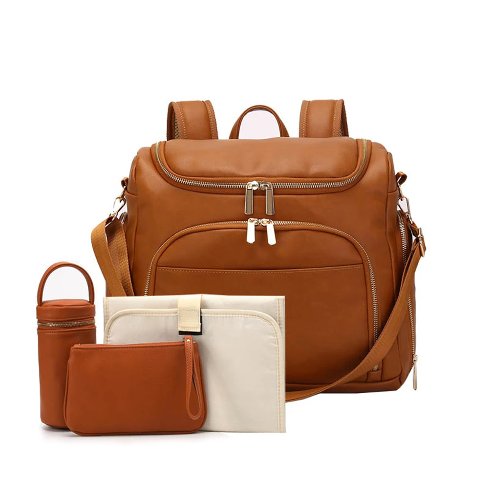 

Baby Diaper Bag Solid PU Leather Mummy Maternity Bag Large Capacity Women Travel Backpack Stroller Nursing Bag with Changing Pad