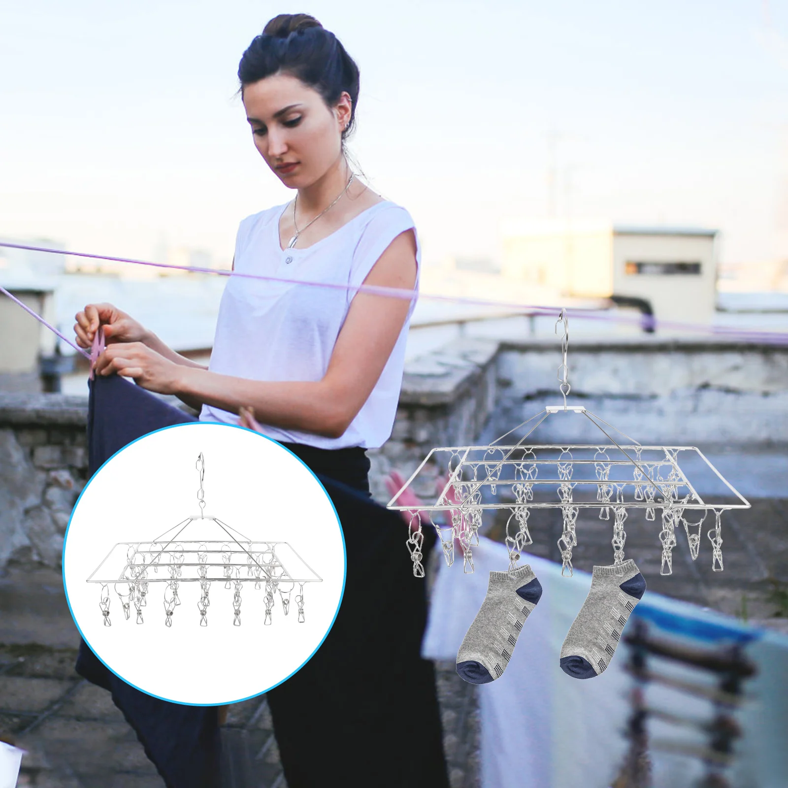 

1pc Drying Rack Stainless Steel Clothes Clip Hanger Socks Hanger for Balcony