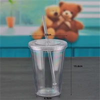 1pcs 450ml double walledice plasticiced tumbler with straw reusable smoothie cold drink travel mug coffee juice tea cup