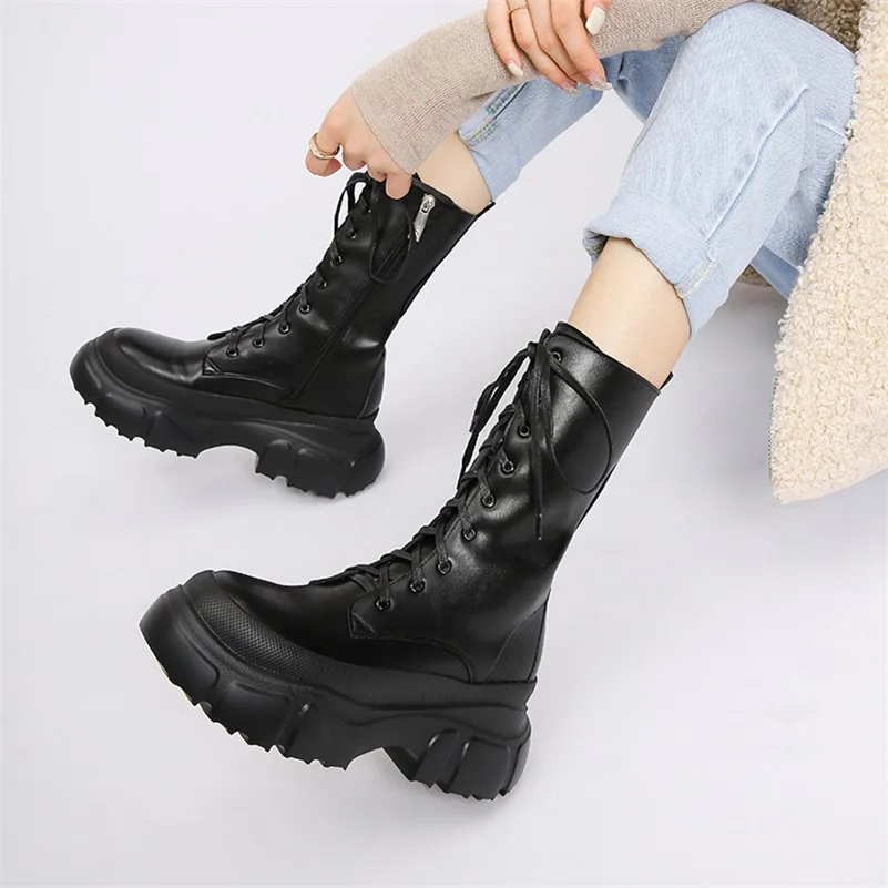 

Meotina Genuine Leather Motorcycle Boots Women Shoes Platform Flat Boots Round Toe Zipper Ladies Med Calf Boots Autumn Black 40