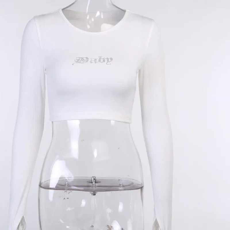 

YICIYA Sexy Women Rhinestone Cropped Shirts Tops Long Sleeve White T Shirt Autumn Femme Cute Hot Drilling Baby Letter Crop Top