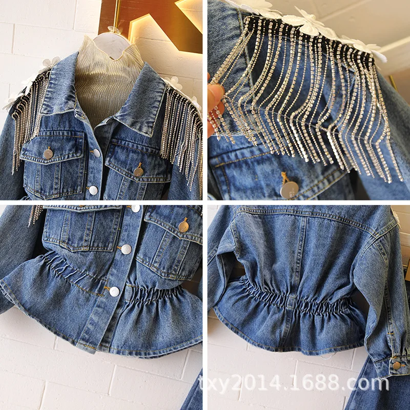 2019 autumn and winter clothing new girl heavy work rhinestone tassel decoration waist denim jacket girls coat | Детская одежда и