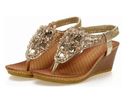 

New summer Bohemian diamond beaded water drill wedge heel sandals
