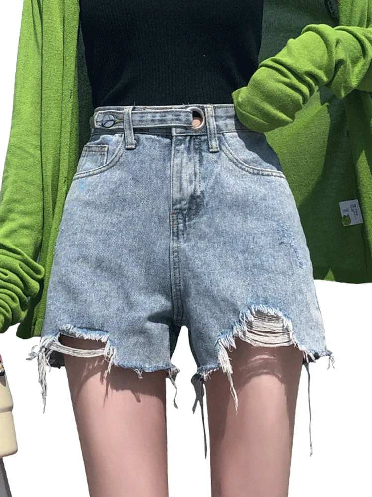 

Fashion Design High Waist Denim Shorts women's Summer Loose Spring And Summer Net Red wide-leg Hole Hot Pants Trend