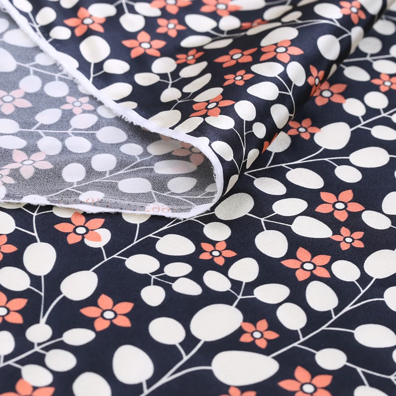 

138CM Wide 19MM Plants Print 93% Silk & 7% Spandex Stretch Silk Satin Fabric for Summer Dress Cheongsam B255