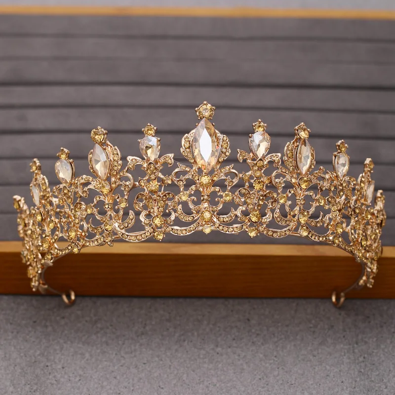 Bridal Tiaras and Crowns Hair Jewelry Champagne Gold Crystal Rhinestone Wedding Accessories Crown Queen Diadem Ornament | Украшения и