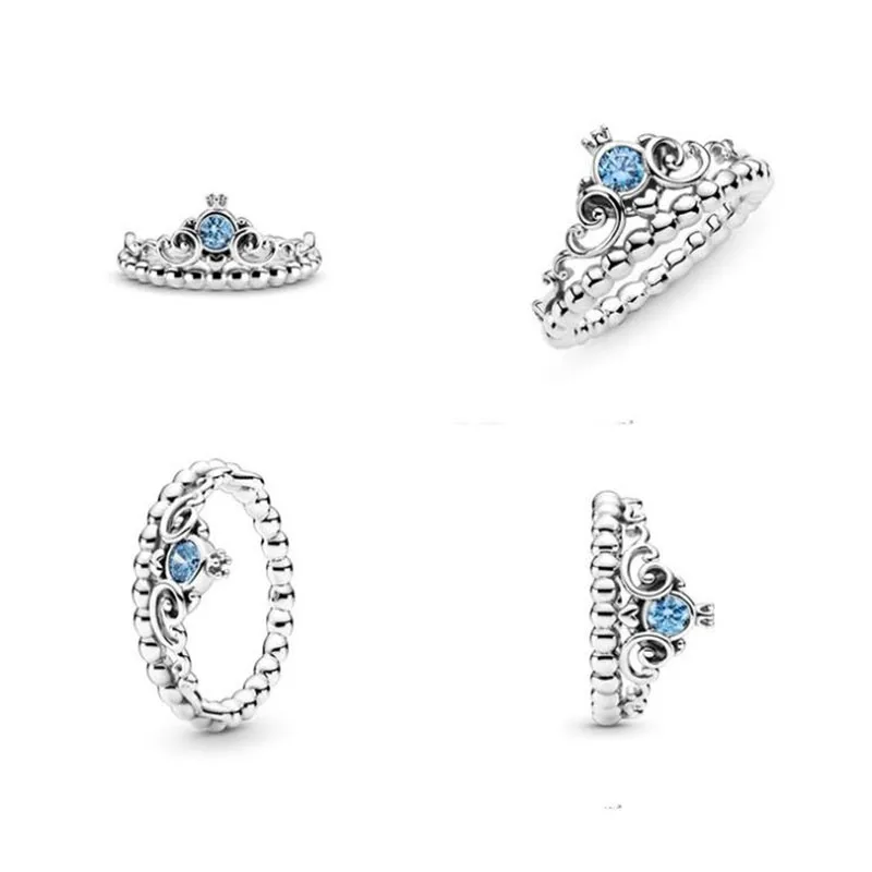 

New Pan 925 Silver Cinderella's Gift Blue Crown Ring Women's Wedding Gift Fashion Romantic Jewelry