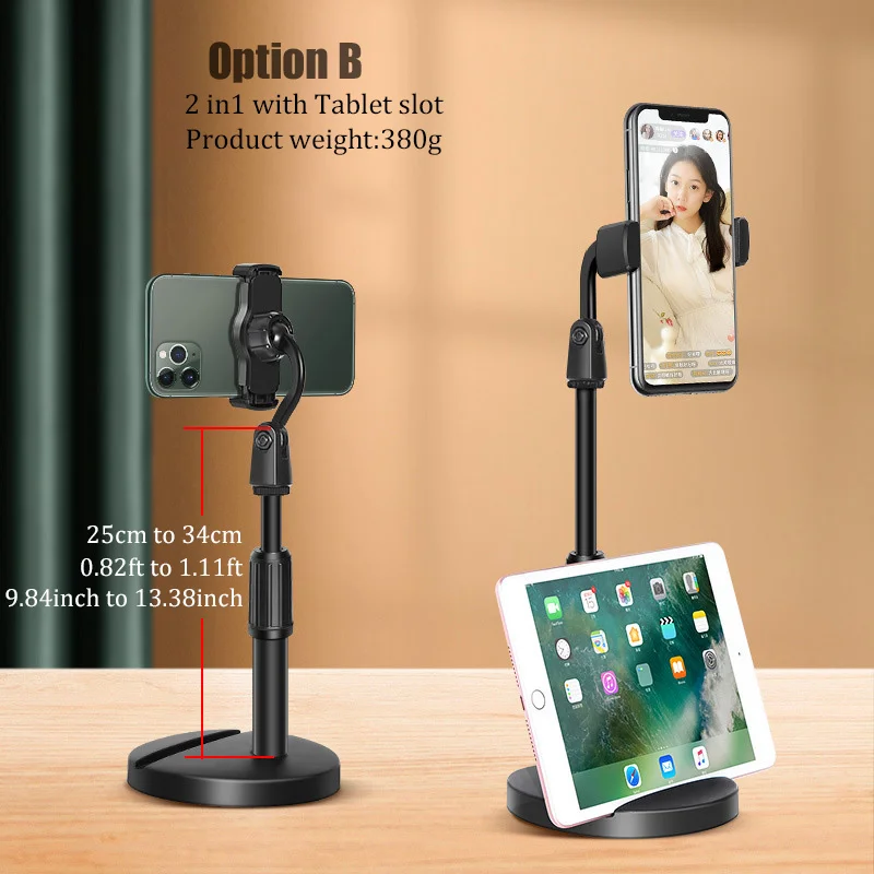 2 in 1 Mobile Phone Holder Tablet Stand Desk 360 Rotate for Desktop Live Streaming Overhead Shoot Video Round Base