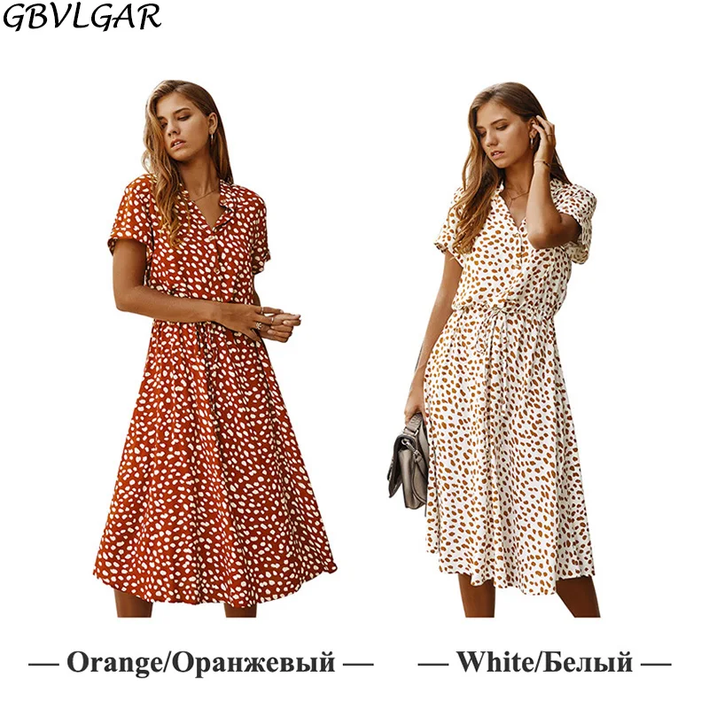 

Women Short Sleeve Tunic Midi Dress Dots Print White Summer Dress Casual Single Button Boho Beach Dresses Vestidos 2021 ZA Dress