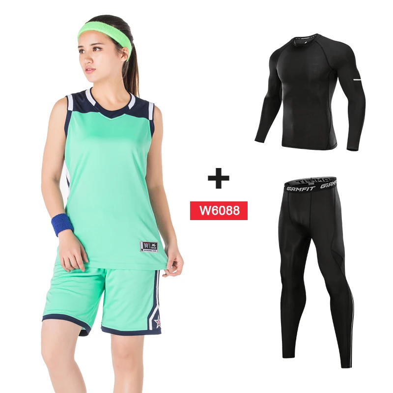 W6088 green suits Компрессионные спортивные костюмы для баскетбола, трико для бега, женские леггинсы для бега, одежда для фитнеса, тренажерного зала, трикотажные баскетбольные штаны, 4 шт - Цвет: W6088 green suits