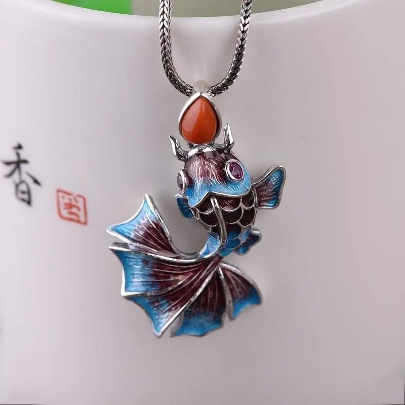 

Vintage Necklace Pendant S925 Silver South Red Original Retro Design Chinese Style National Style Forbidden City Style Goldfish