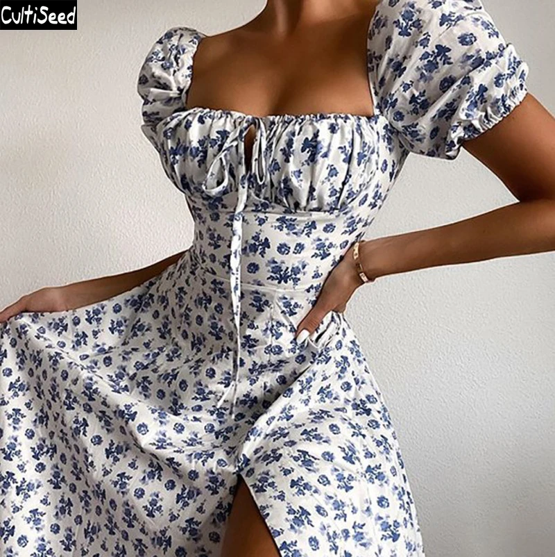 

Cultiseed European Women Sexy Floral Lacing Up Bow Strapless Chest High Waist High Split Long Party Dress Holiday Casual Dresses