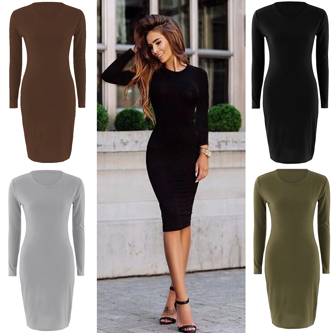 Женское офисное платье с круглым вырезом и длинными рукавами|Женские платья| |