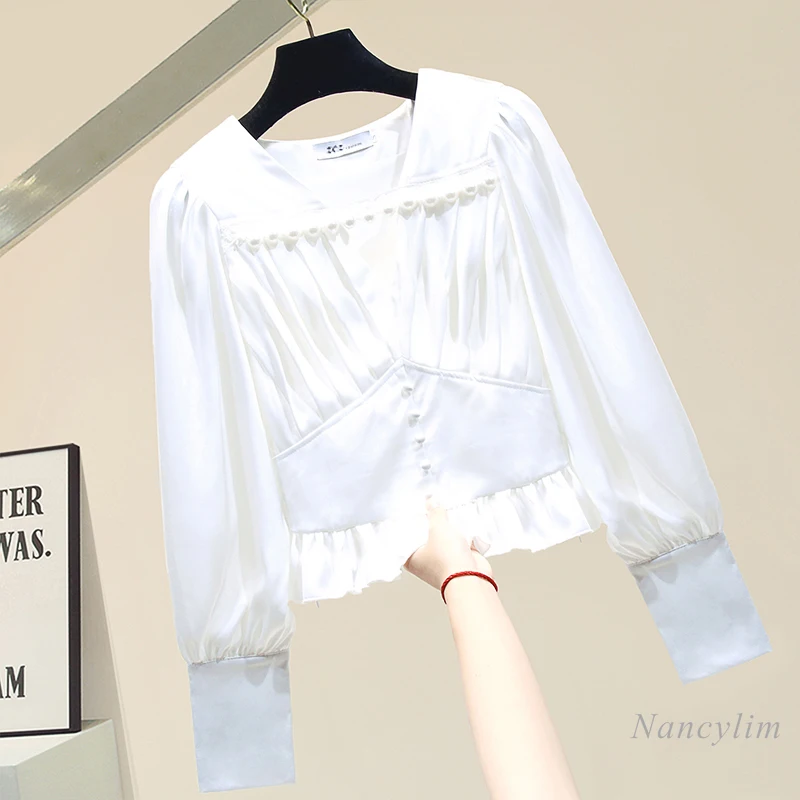 Big Pearl Beaded Blouse for Women Long Sleeve V Neck Short Satin Shirt Business Lady All-Match Slim Fit Blusas White Black