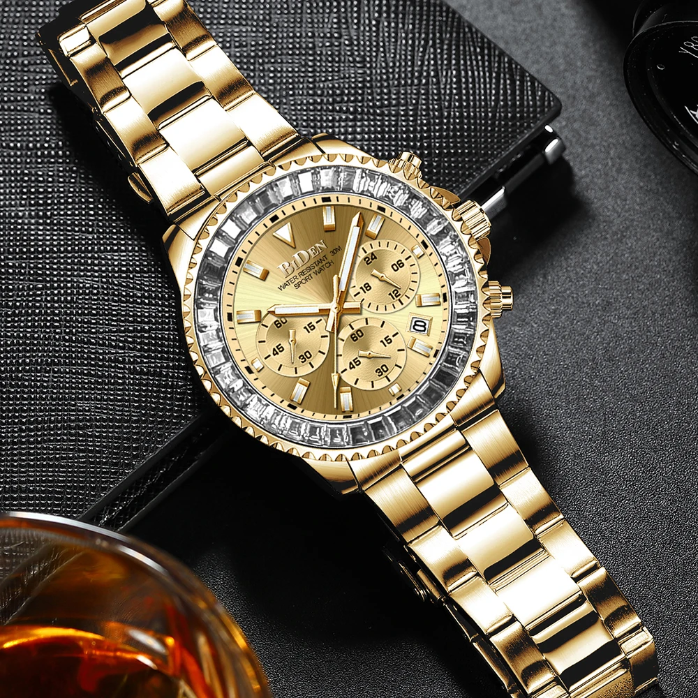 

Quartz Waterproof Watch For Men Color Diamonds Bezel Business Luxury Stainless Steel Clock Chronograph AAA relogio masculino
