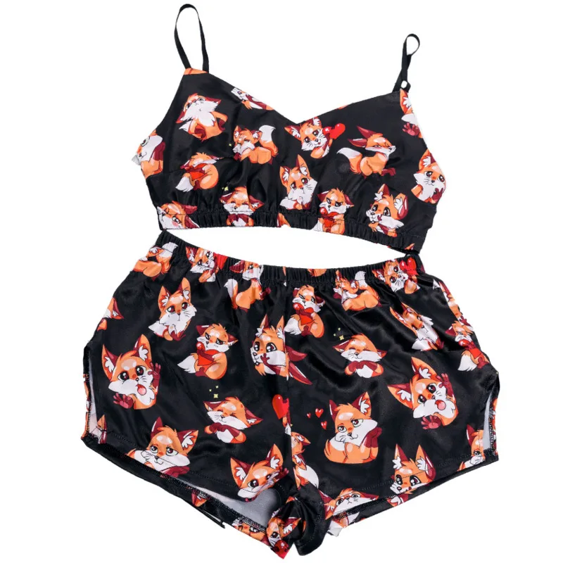 

Sexy Sleepwear Lovely Summer Pyjamas Women 2 Piece Set Casual Satin Animales Pattern V Neck Crop Top Corset Satin Pajamas