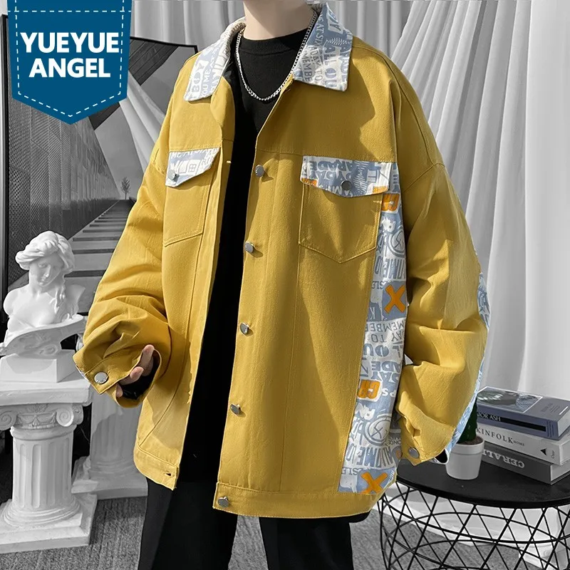 

Splice Hip Hop Jacket Men Spring Autumn Loose Print Full Sleeve Tops Single Breasted Leisure Denim Coat Male Plus Size 5XL