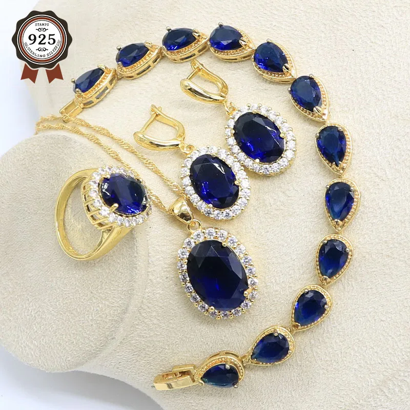 Classic Blue Big Oval Bridal Jewelry Set for Women Gold Color Bracelet Earrings Necklace Pendant Ring With Gift Box | Украшения и