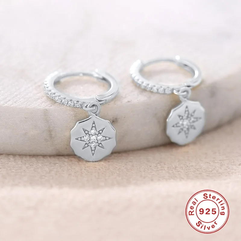 

925 Sterling Silver CZ Zircon Star Round Pendant Hoop Earrings for Women Girls Small Circle Cartilage Earring Simple Ear Buckles