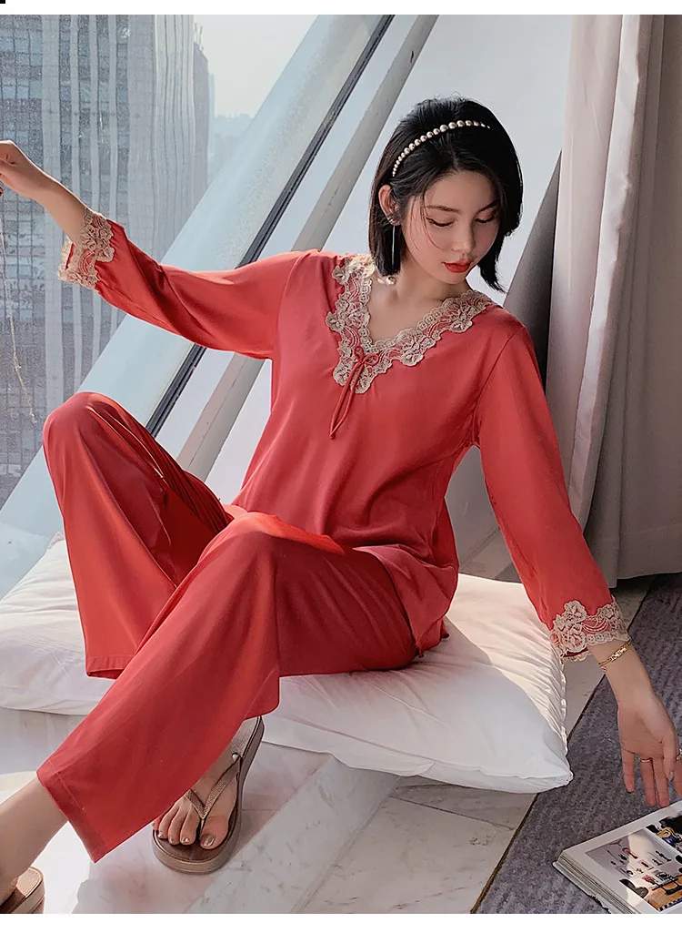 

FZSLCYIYI Women Pajamas Suit Thin Long Sleeve Ice Silk Nightwear Female Top Pant Suit Homesuit Sleepwear Homewear seksi gecelik