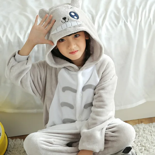 Totoro Детские пижамы кигуруми в виде единорога, фланелевые пижамы в виде животных, комбинезон в виде единорога, на всю зиму, супер мягкая ночная рубашка, пижамы, одежда для сна - Цвет: Totoro
