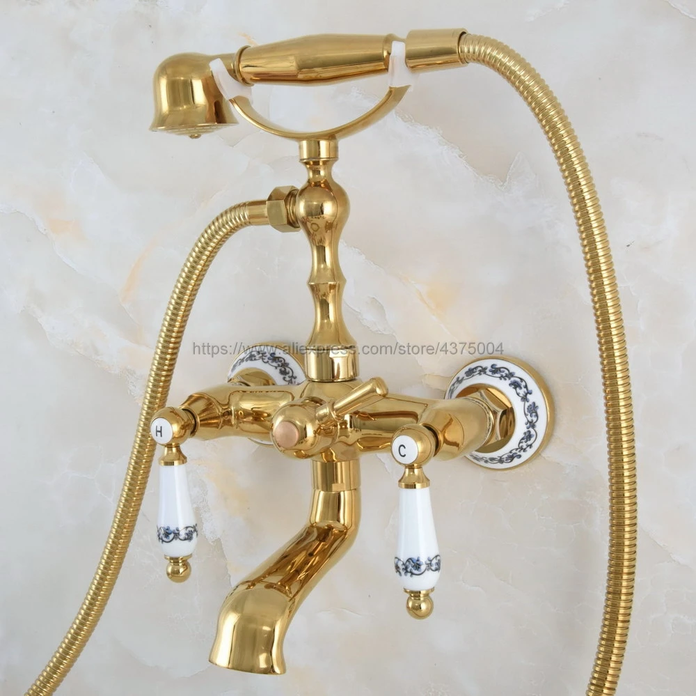 Латунный Смеситель для ванны золотого цвета стильный телефон Настенный комплект