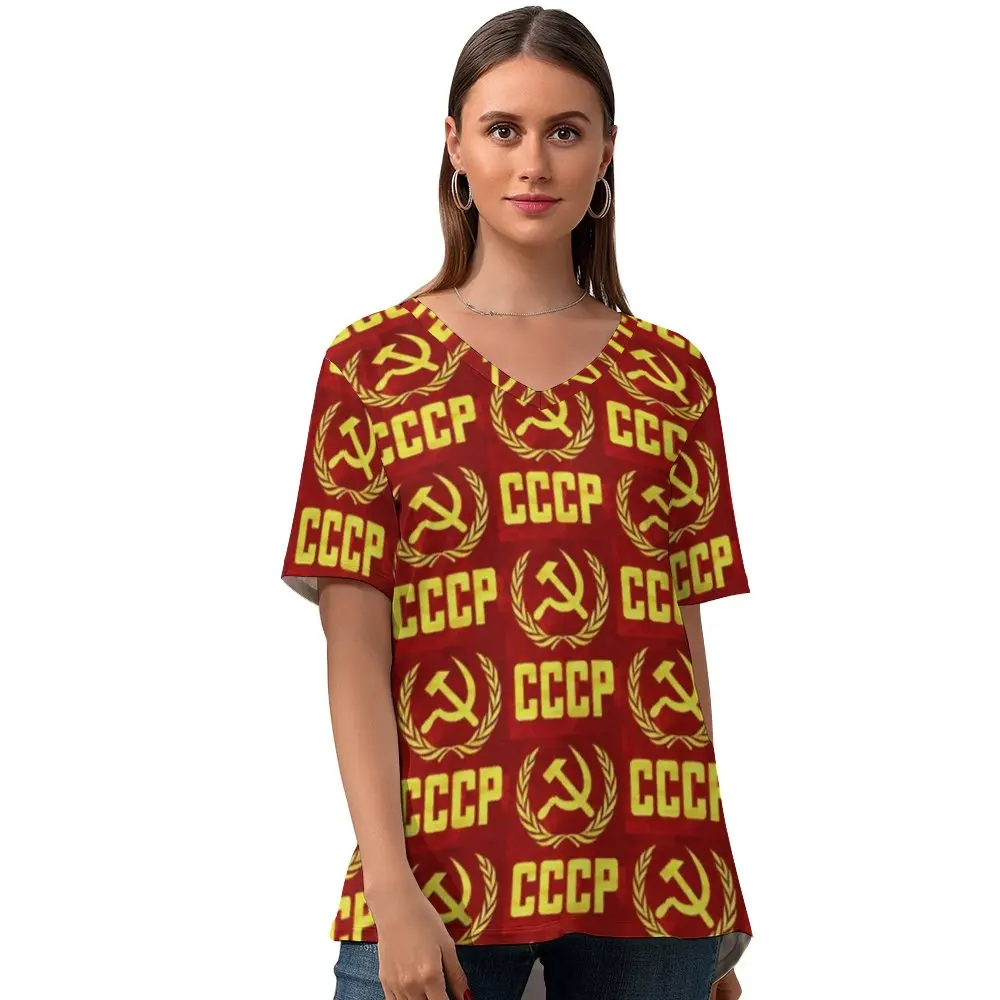

Flag T Shirt Simple Ladies Summer T-Shirt Short-Sleeve Pattern V Neck Tee Shirt Oversize