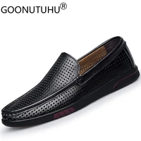 genuine leather cow loafers male 2022 new summer breathable mens shoes casual black hollow shoe man flats driving shoes for men