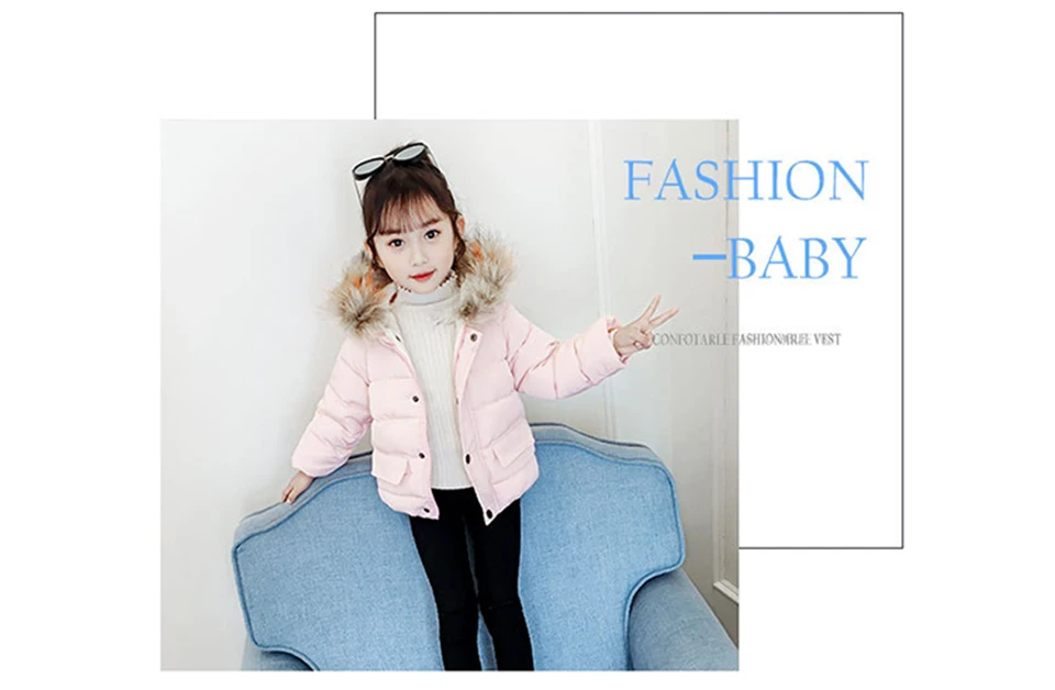 Winter Fashion Girls Big Fur Collar Down Jacket Cotton Boy Hooded Jacket Thickening Children's Warm Cotton Jacket 3-8 years old