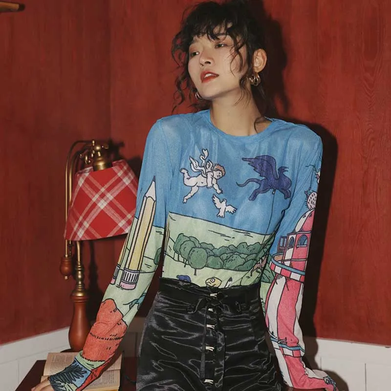 

Women See Through Graphic Tees Basic Tshirt Underwear Fall Spring 2020 Fashion Sheer Mesh Top Long Sleeve Tight T Shirt