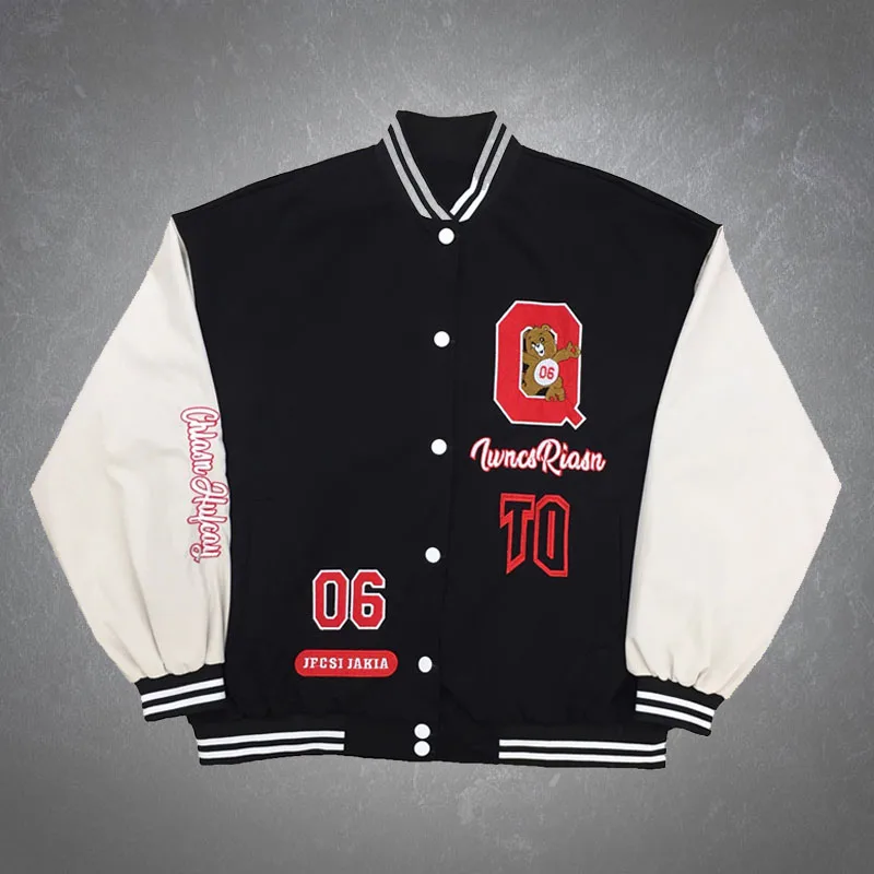 

Мужская бейсбольная куртка в стиле Харадзюку, Повседневная бейсбольная куртка большого размера в стиле хип-хоп с мультяшными буквами и выш...