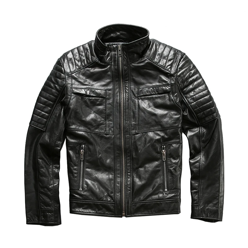 

AVIREX FLY men's slim fit stand collar cowhide genuine black motorcycle jacket men casual leather coat