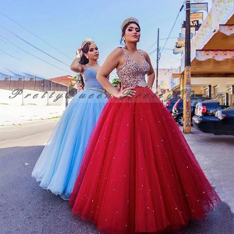 

Shiny Crystal Beads Quinceanera Dresses 2020 Red Tulle Sheer Neck Puffy A Line Sweet 16 Dress Pageant Gown Vestido De 15 Anos