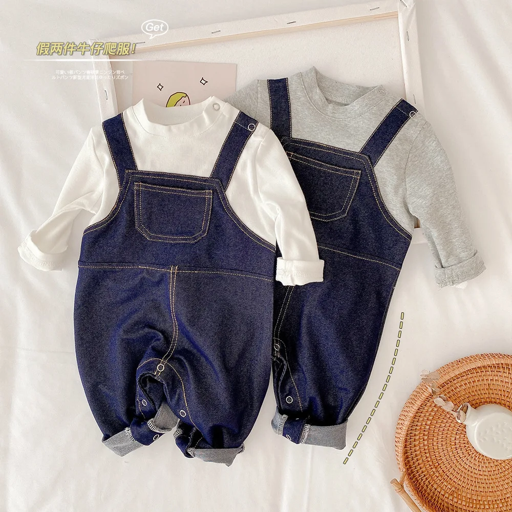 

Fake two-piece jumpsuit Baby strap two long-sleeved open knitted soft denim jumpsuit crawler 0-3M-4Y