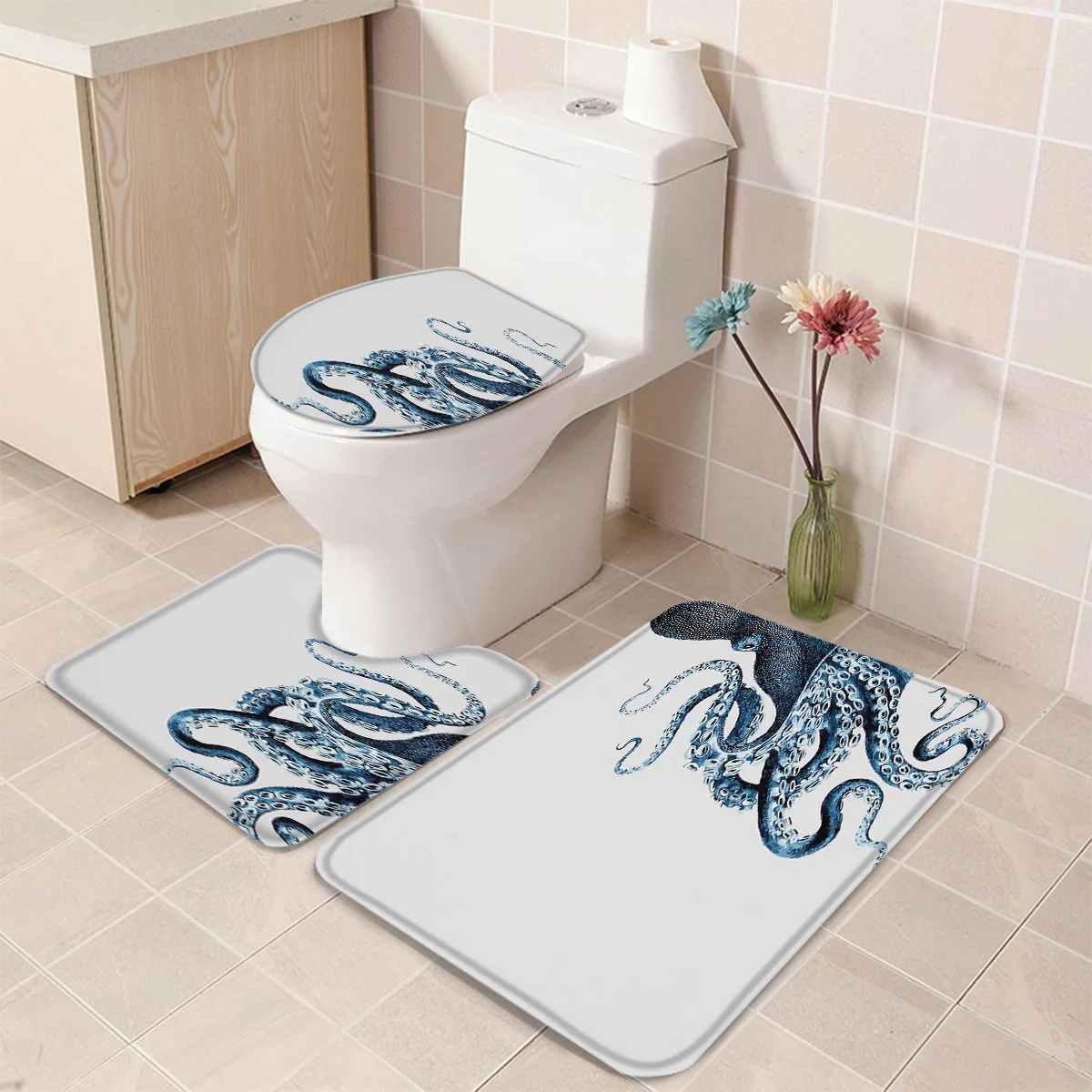 3 Pieces Bathroom Set Octopus Cthulhu Bath Toilet Cover Mat Pedestal Rug Non-Slip | Дом и сад