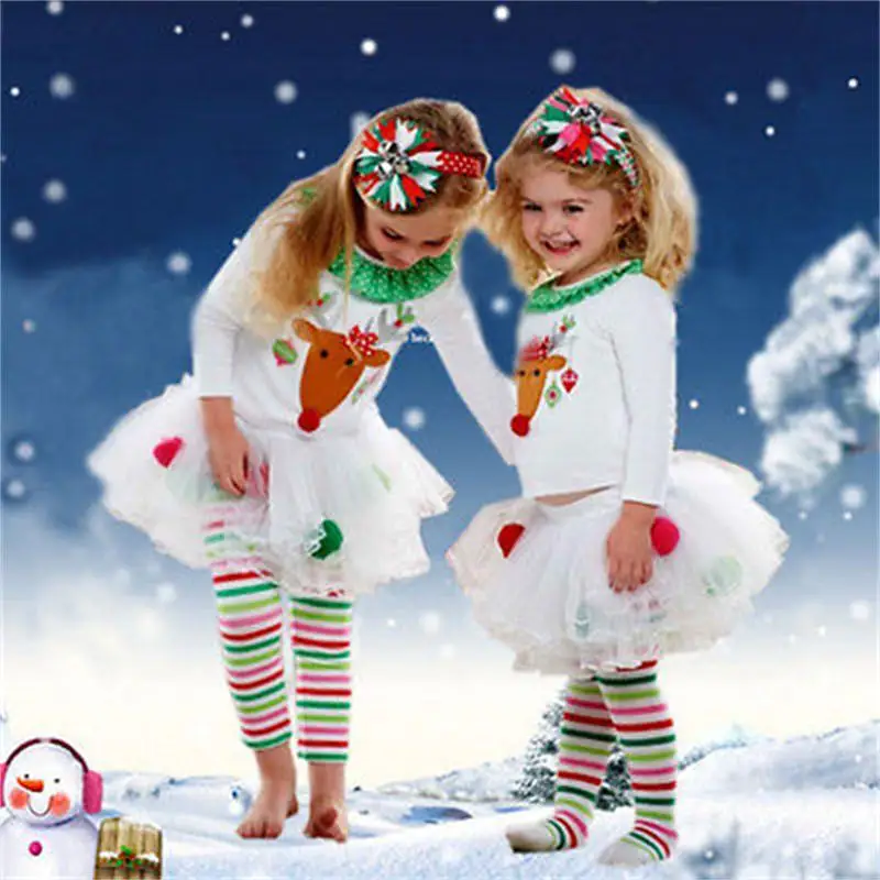 Рождественская Одежда для девочек с принтом лося цветная юбка в полоску