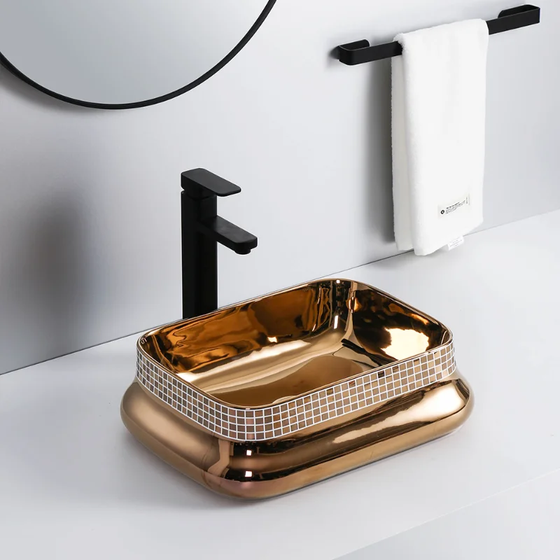 

Luxury sanitary ware bathroom handrinse sink ceramic lavabo bathroom vessel golden electroplated wash basin