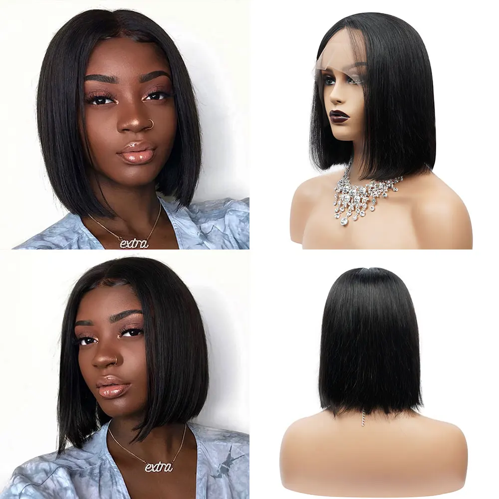 Парики из натуральных черных 150% густых человеческих волос прямые короткие