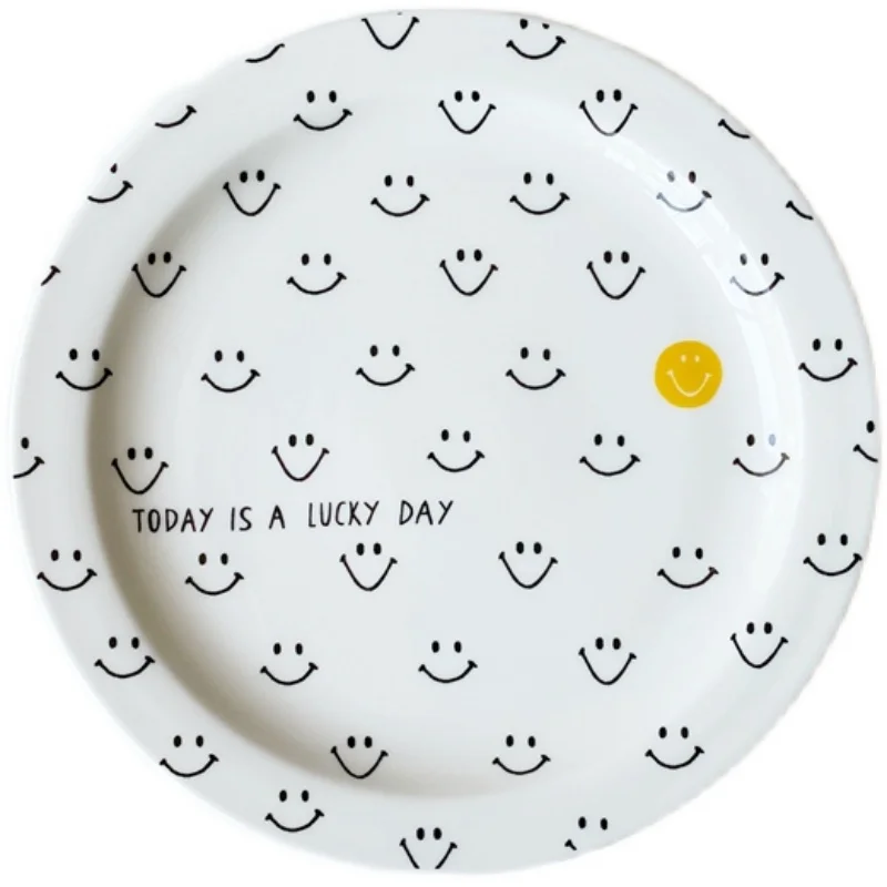

Lucky Creative Smiley Face Ceramic Plate Retro English Alphabet Breakfast Plate Salad Dessert Bowl Dinner Plate Deep Dish Plate