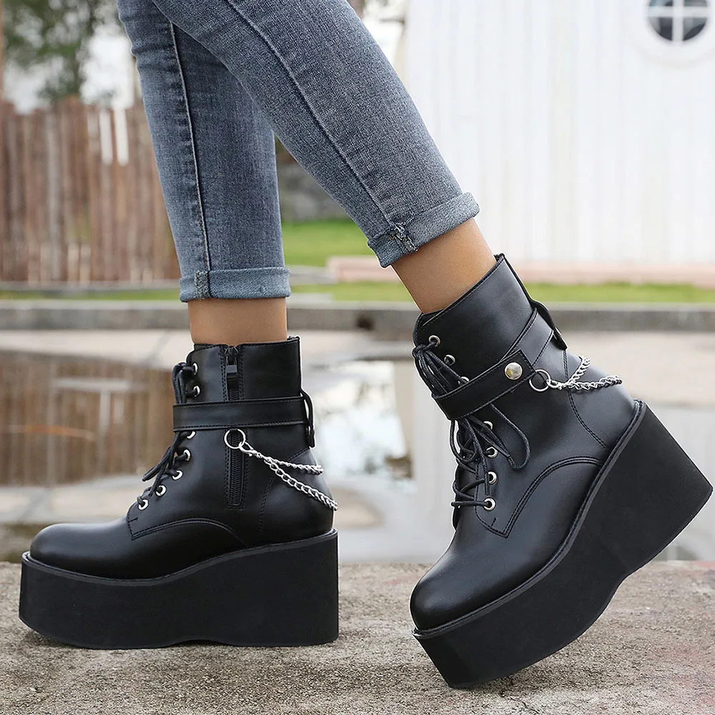 

BONJOMARISA On Sale High Quality Platform Wedges Zipper Metal Chain Motorcycle Boots Female Fashion Goth Black Leisure Shoes